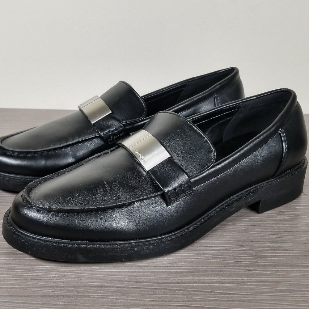 Calvin Klein Gerona Classic Loafers, Black Faux Leather, Womens Size 9 US / 41